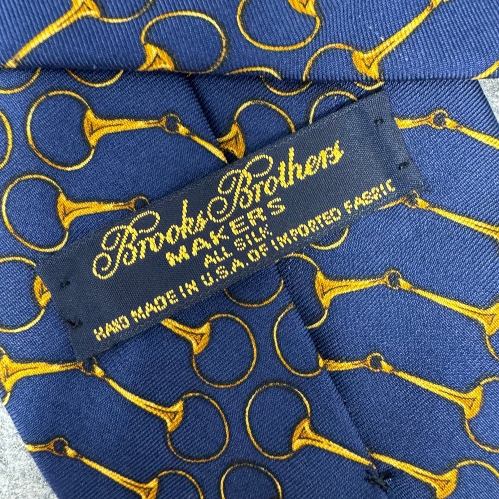 Brooks Brothers Makers Silk Necktie Blue Gold Equestrian Horse Bit Print